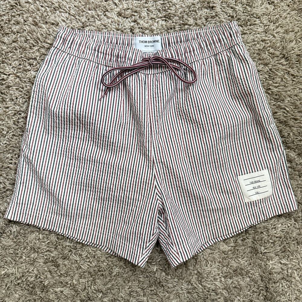 Thom Browne Seersucker Striped Swim Trunks Shorts Red White Blue Size 1 / S / 30